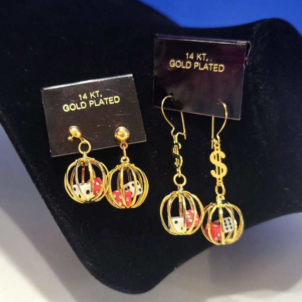 Vintage Caged Dice Dangle Earrings 14K Gold Plated Set of 2